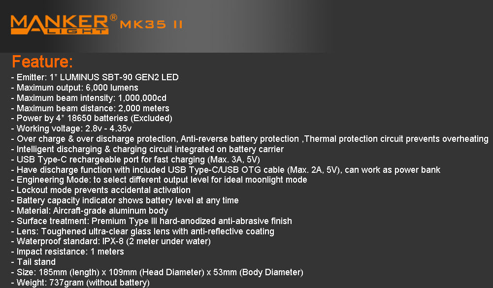 Manker MK35 II 6,000 Lumens 2,000 Meters Thrower King LUMINUS SBT90 GEN2 LED Flashlight with 4 x 18650 Batteries
